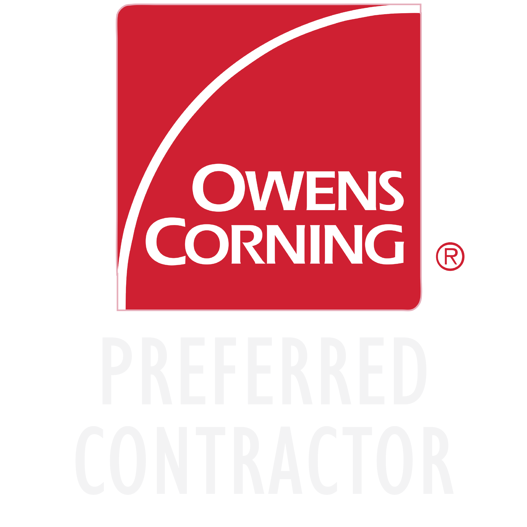 Owens Corning Preferred Contractor logo that has a red Owens Corning logo on the top and white preferred contractor text below