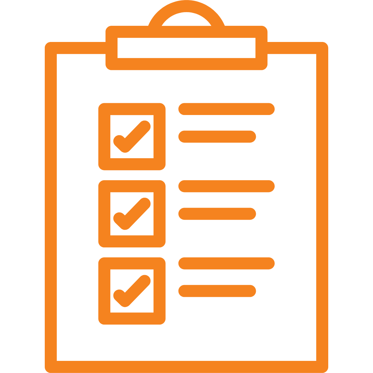 An orange clipboard icon with three checkboxes, all checked, and lines of text next to each checkbox.