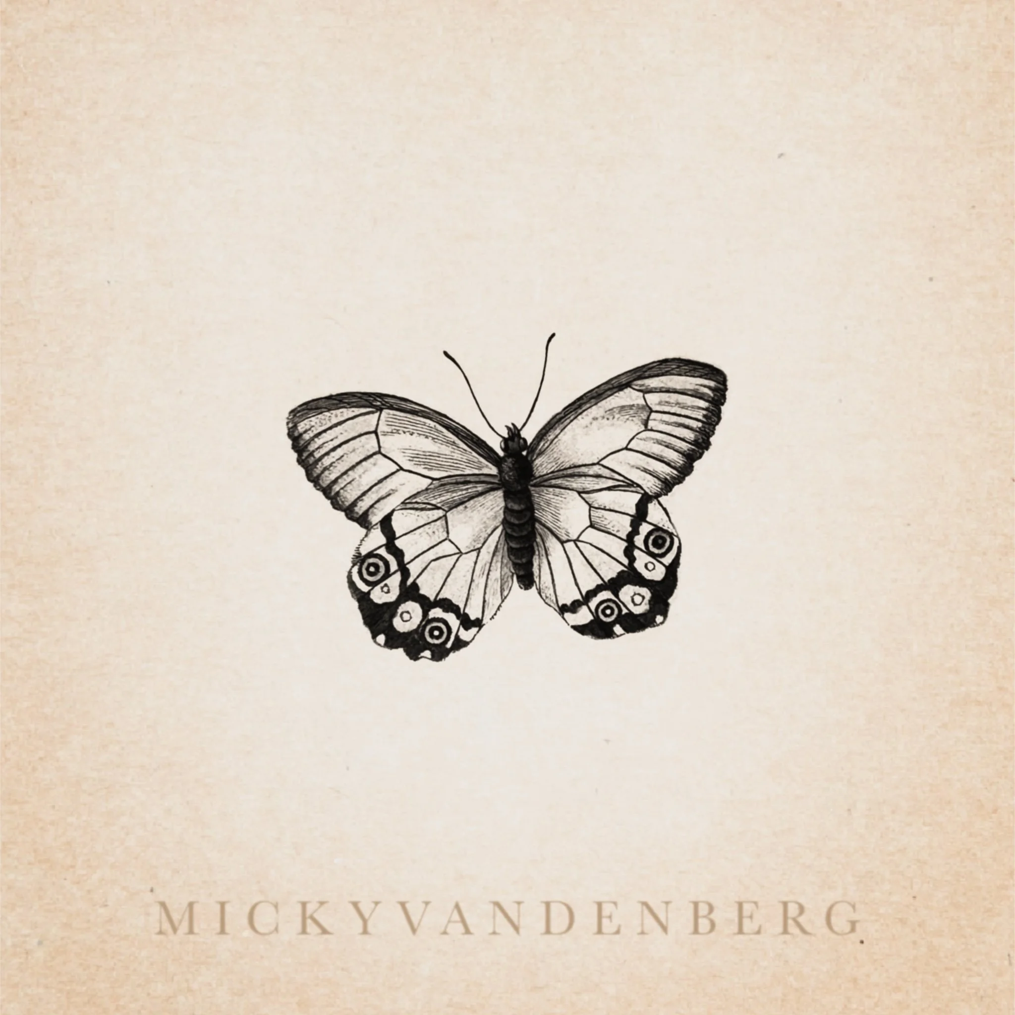 Close-up of a black-and-white illustration of a butterfly with opened wings and the word 'MickeyVanDenBerg' written below it on a beige background.
