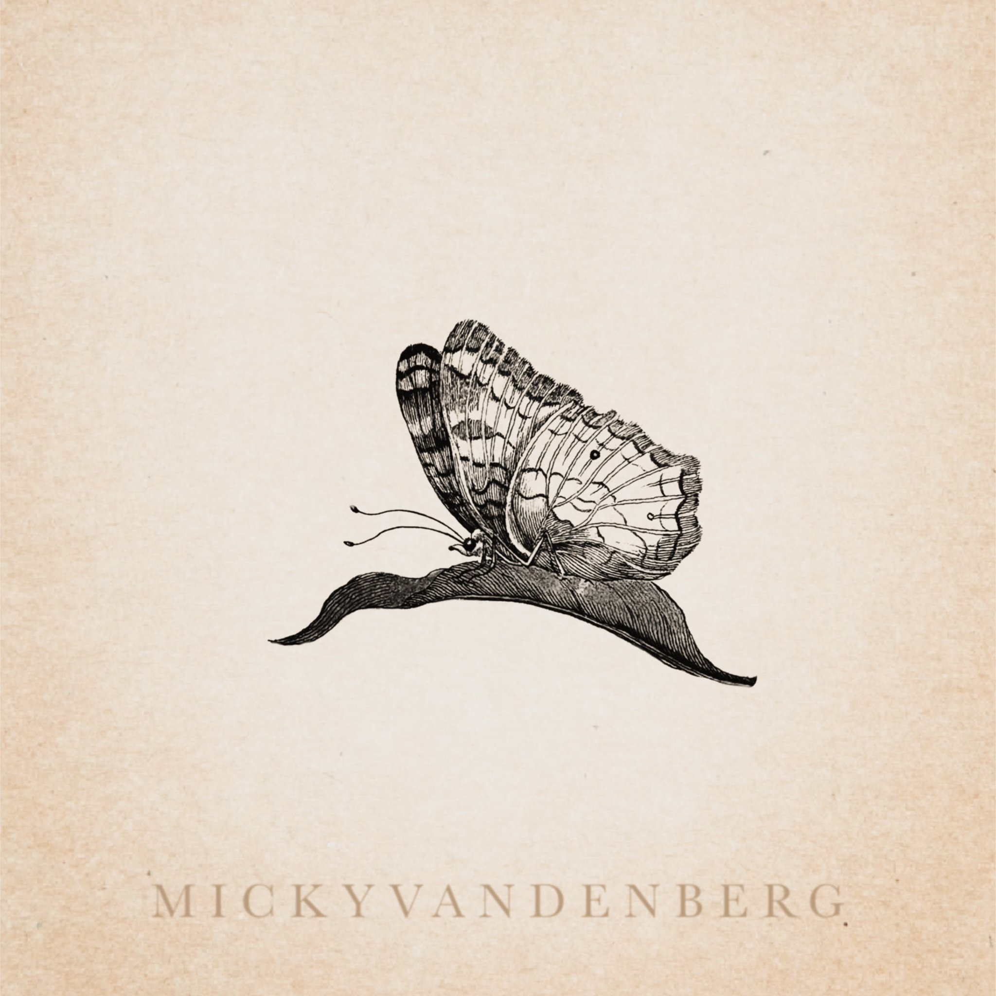 A vintage-style illustration of a butterfly above the text 'MICKEY VAN DEN BERG' on a beige background.