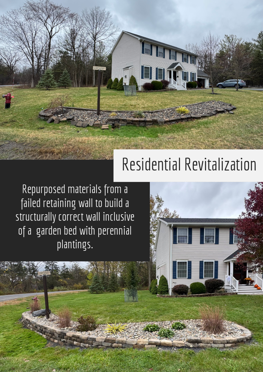 Side-by-side comparison of a house's yard before and after residential revitalization, showing a repurposed garden bed with perennial plants and a new structural wall.