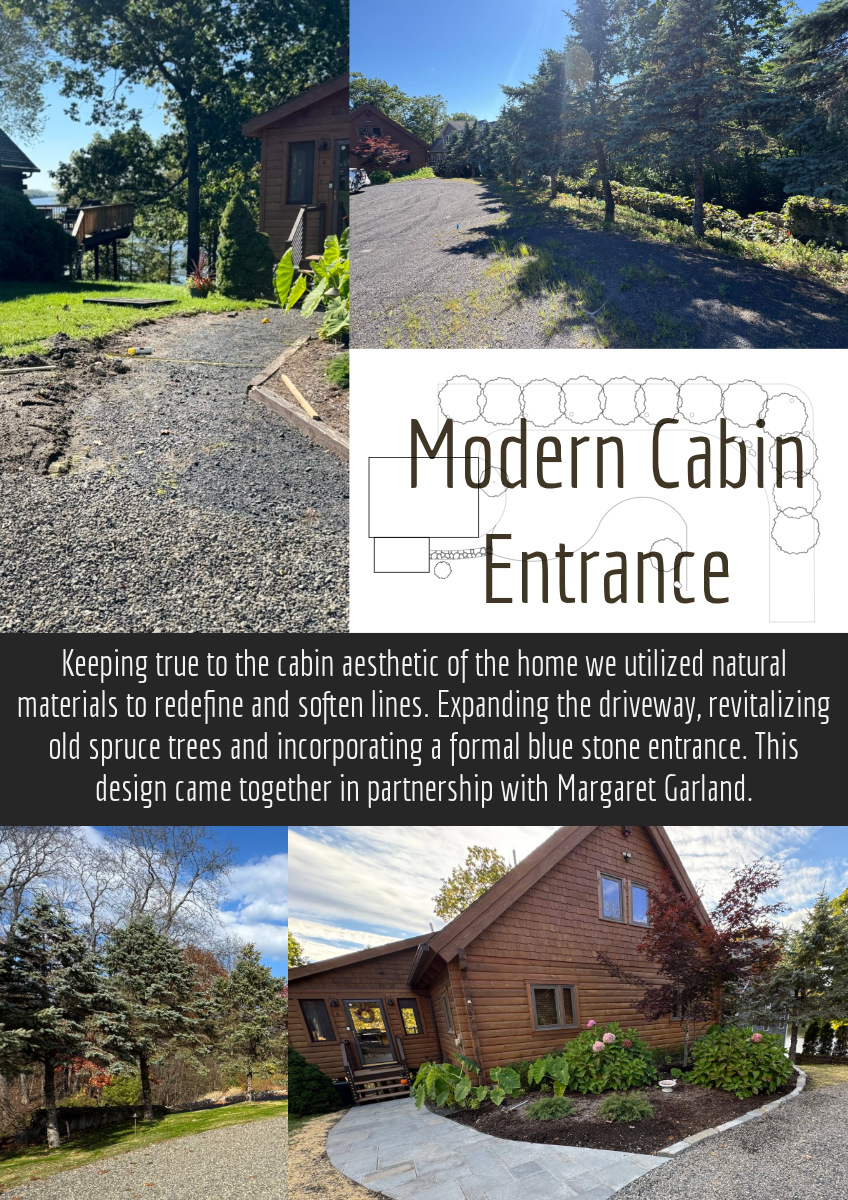 A collage of photos showing the entrance to a modern cabin with a gravel driveway, surrounded by trees and greenery, with a lighting plan and a description emphasizing natural materials, softened lines, and blue stone accents.