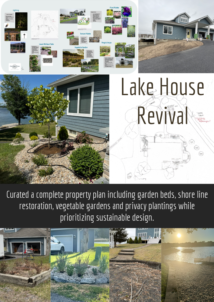 A collage of images showing landscape design plans, house exteriors, and yard landscaping with trees, shrubs, and waterfront views, titled 'Lake House Revival' and describing property plan enhancements.
