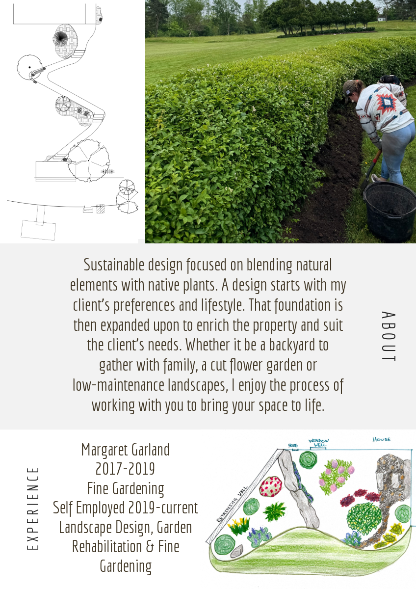Katherine Garland's design and landscape experience featuring hand drawings, CAD plans and fine gardening.
