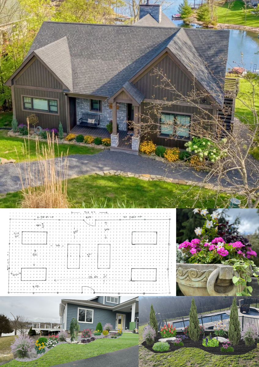 Aerial view of a house with landscaping and gardens, a blueprint of a garden layout, a pot of pink and white flowers, a backyard with a pool and plants, and a landscaped yard with shrubs and flowers.