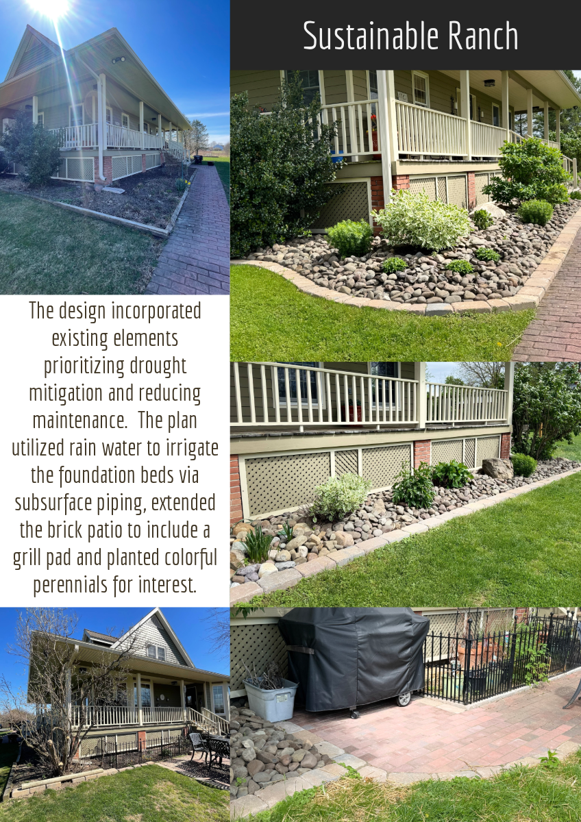 A collage of five images showcasing a house's porch and yard with gardening beds, a brick patio with a grill, and landscaping elements emphasizing drought mitigation and low maintenance.