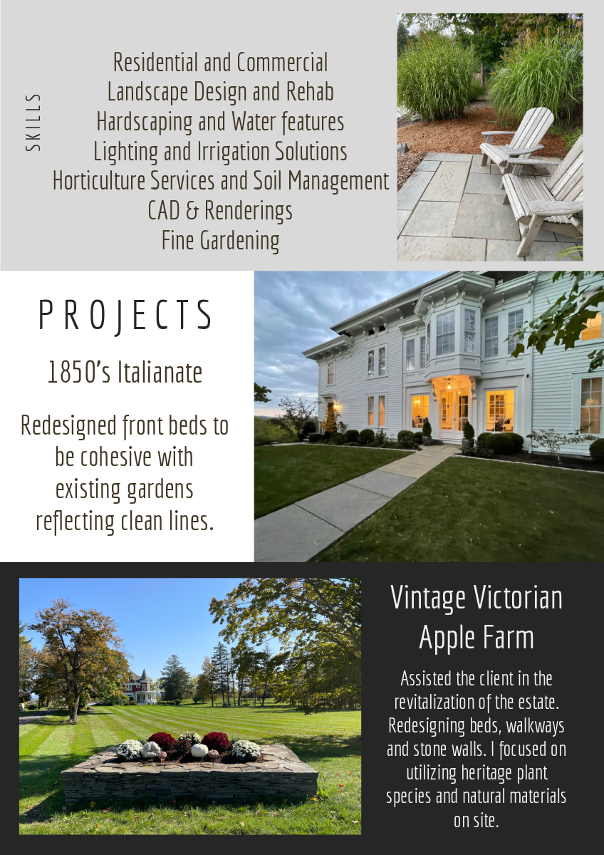 Interior design and project showcase for landscape and garden services, featuring a garden with chairs, a historic house with a well-kept lawn, and a stone landscaped garden bed at apple farm.