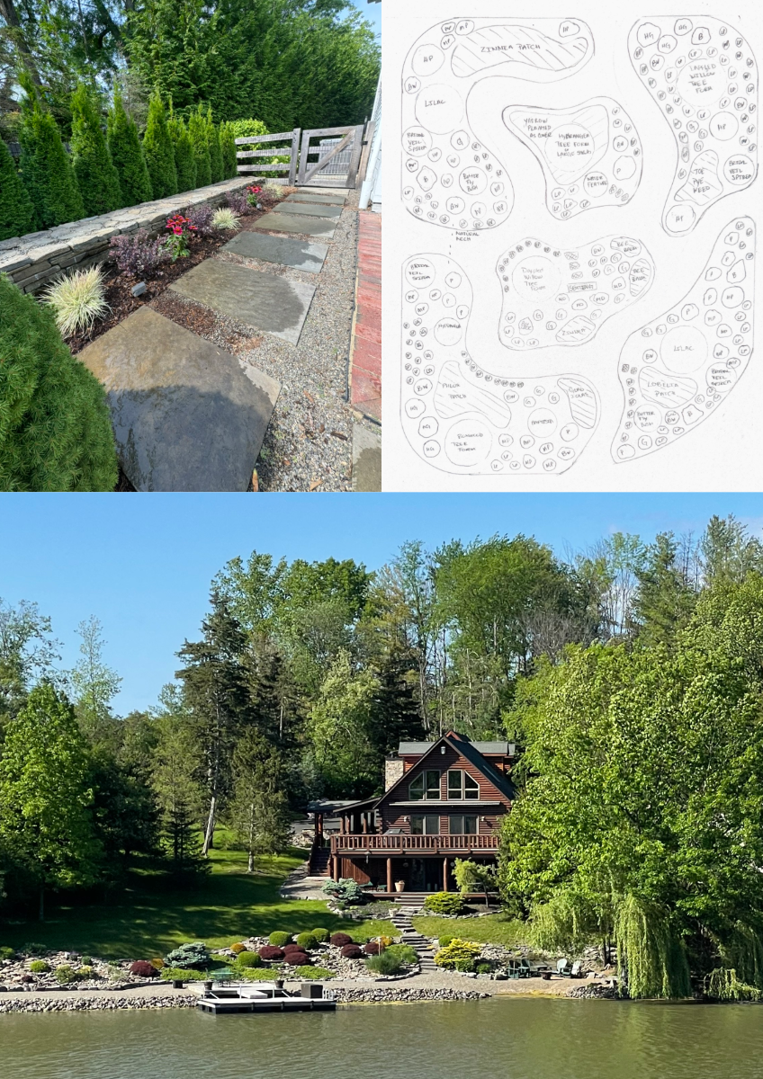 A landscaped outdoor garden with a stone pathway, plants, and a wooden fence. A detailed garden layout plan is shown on the right. A house with a deck is situated on a lakeside, surrounded by trees and a manicured lawn.
