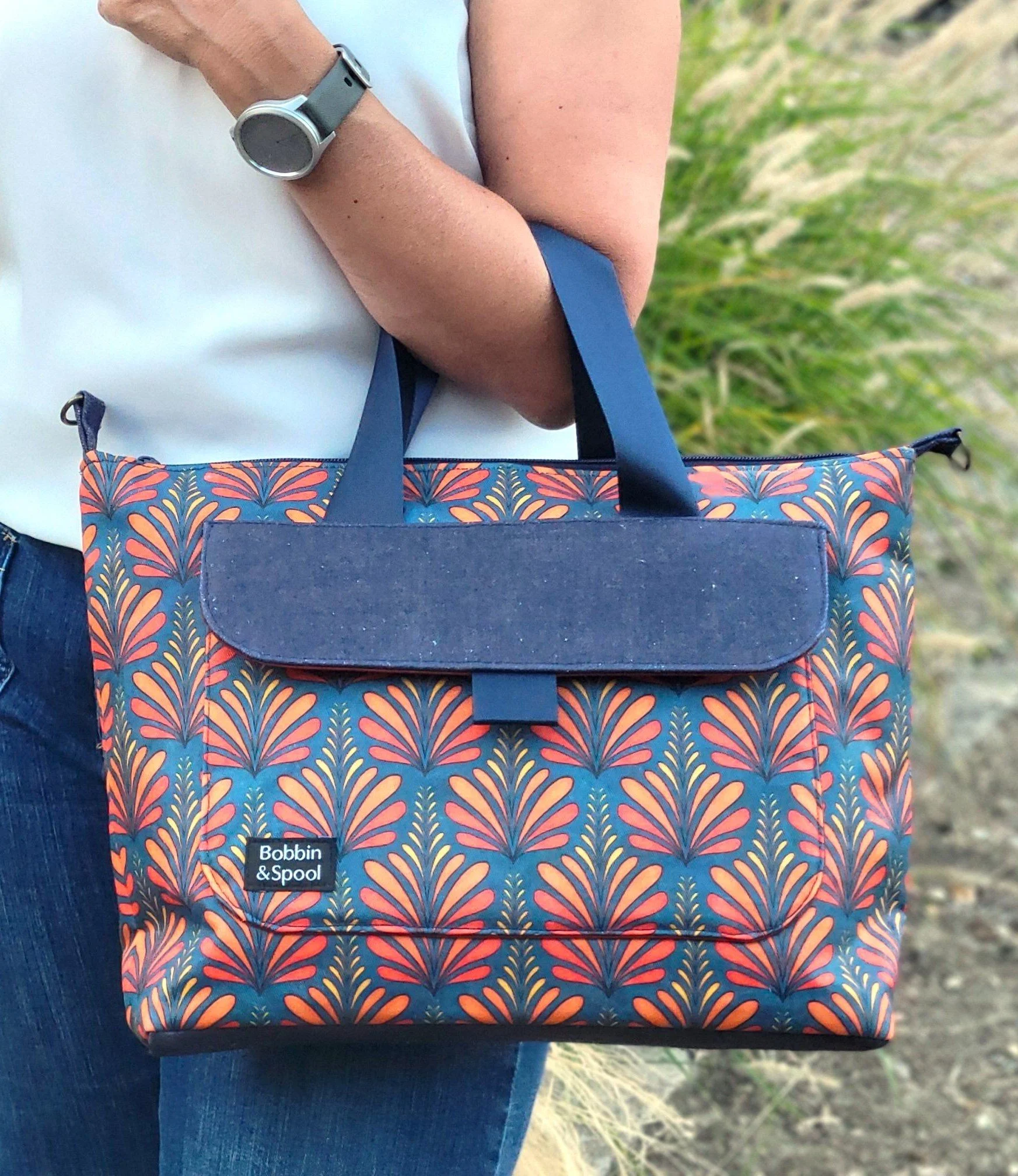 Close-up-Front view of Botanica retro flower tote with grab handles.jpg