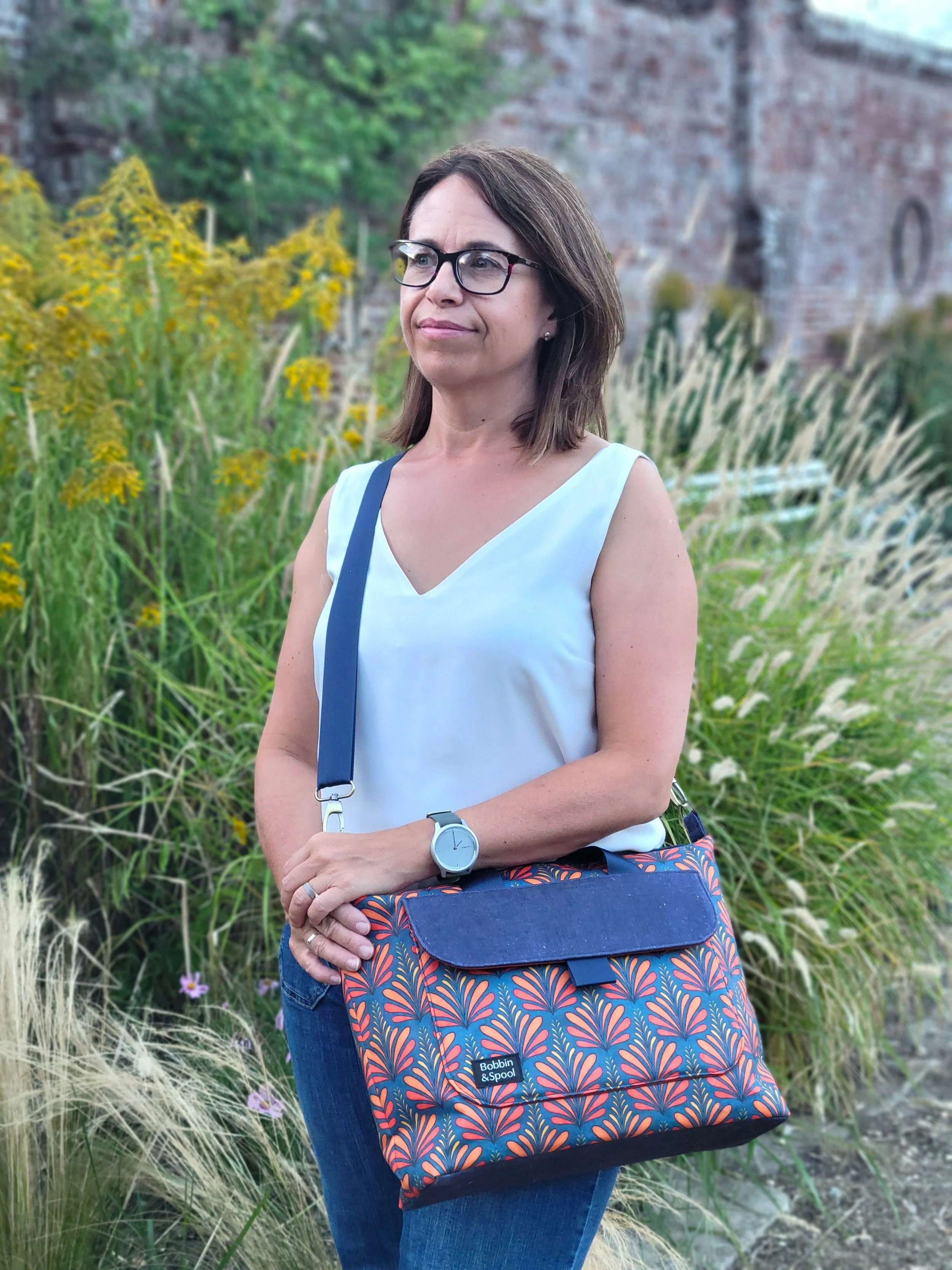 Front view of Botanica retro flower tote with shoulder strap.jpg