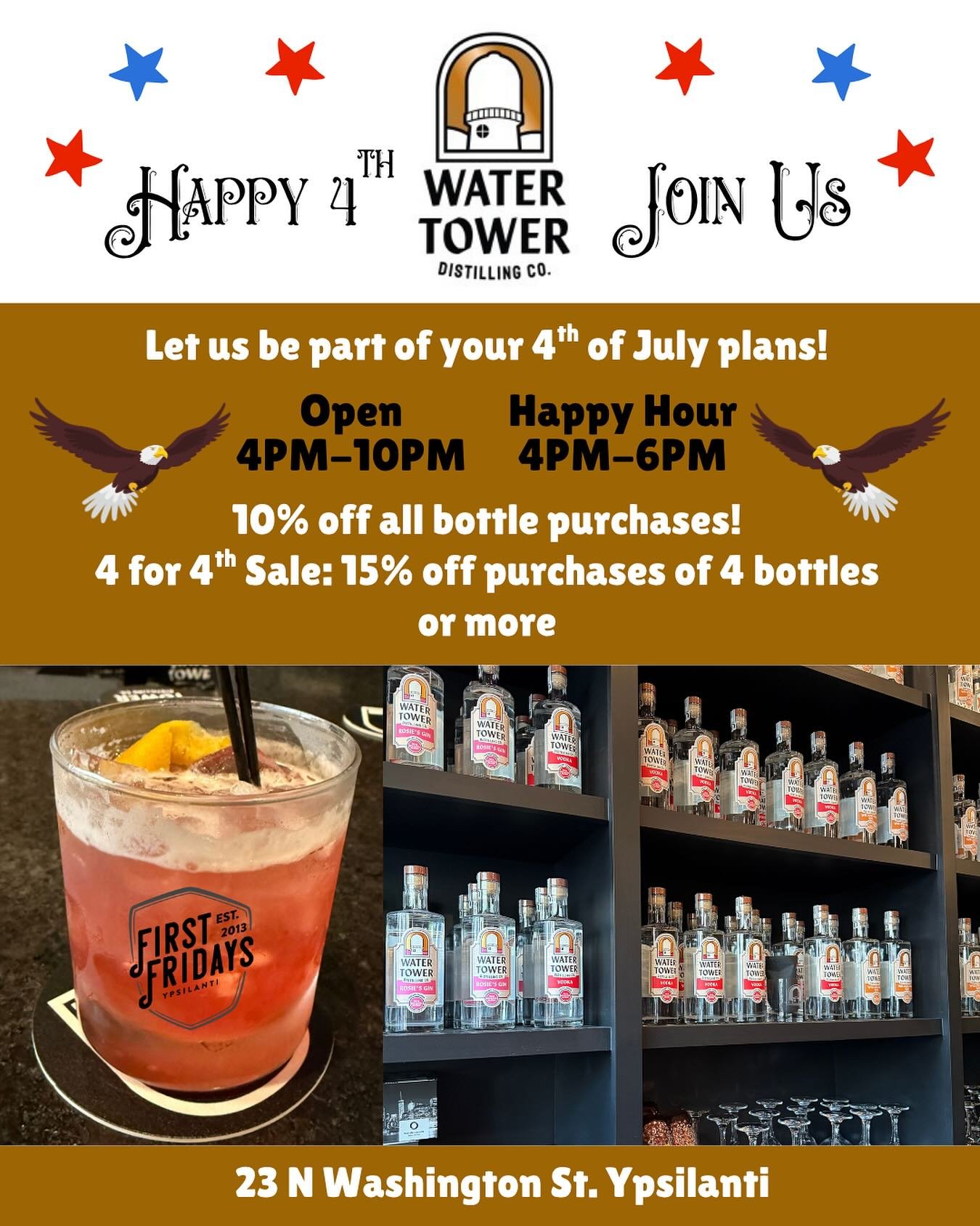 Happy 4th everyone! Join us today and beat the heat with craft cocktails in our tasting room and our special bottle sale today! 10% off all of our bottles and 15% off 4 or more bottles!

We&rsquo;re participating with @firstfridaysypsi , an organizat