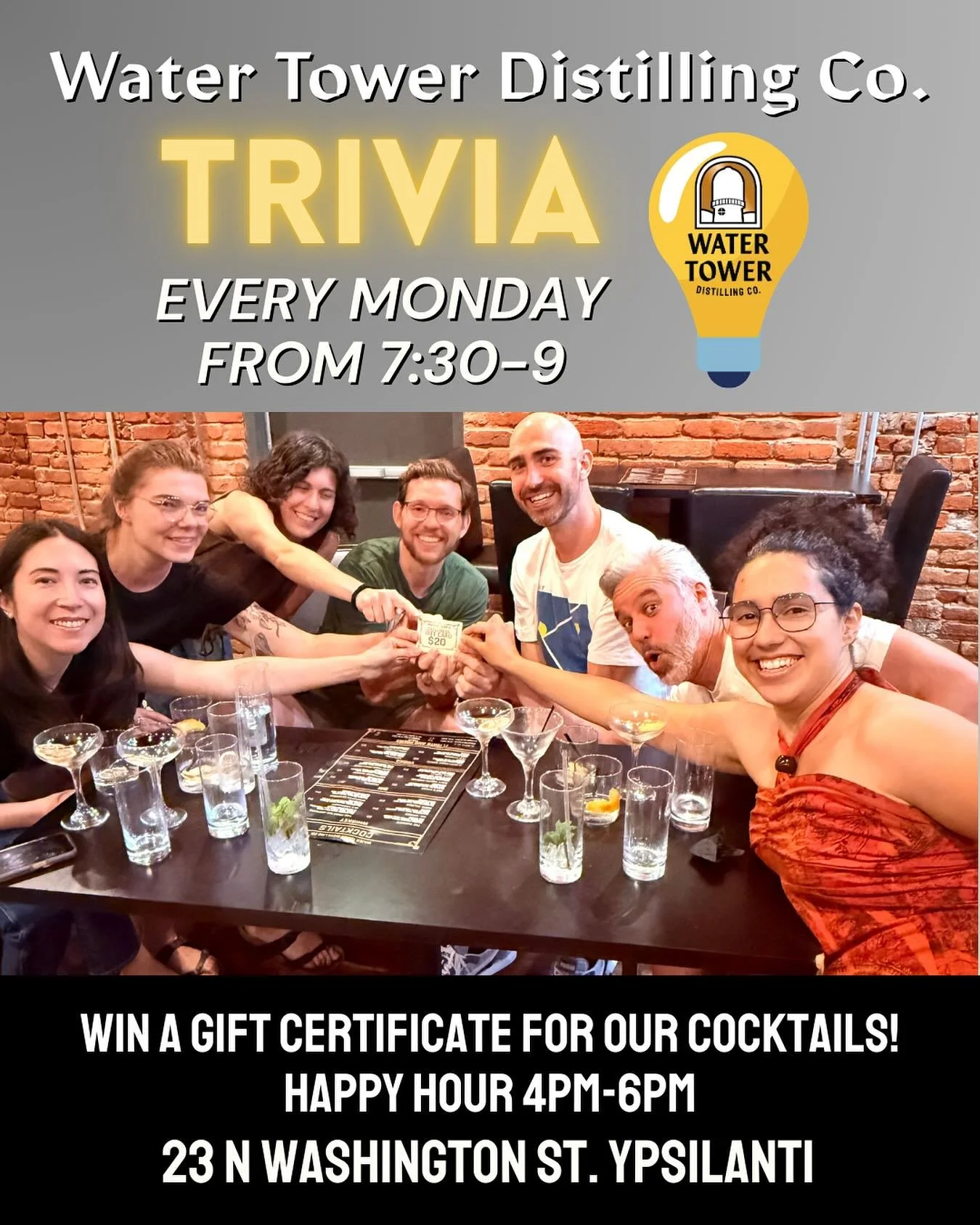 We will see you tonight for Trivia at 7:30-9:30! Happy hour 4-6! Flex your skills and test that knowledge while we serve some drinks your way! 

23 N Washington St. Downtown Ypsilanti

#watertowerdistilling #watertowerdistillingco #trivia #trivianigh