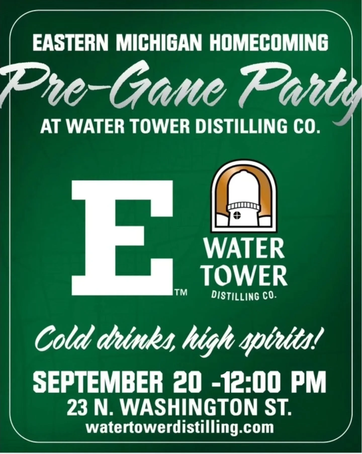 This Saturday starting at Noon, the Official EMU Homecoming pre-game party!
Come to Water Tower Distilling Co. in downtown Ypsi for new drinks and special prices!
Come support the Eagles at 23 N Washington St.

#emu #easternmichigan #Homecoming #ypsi