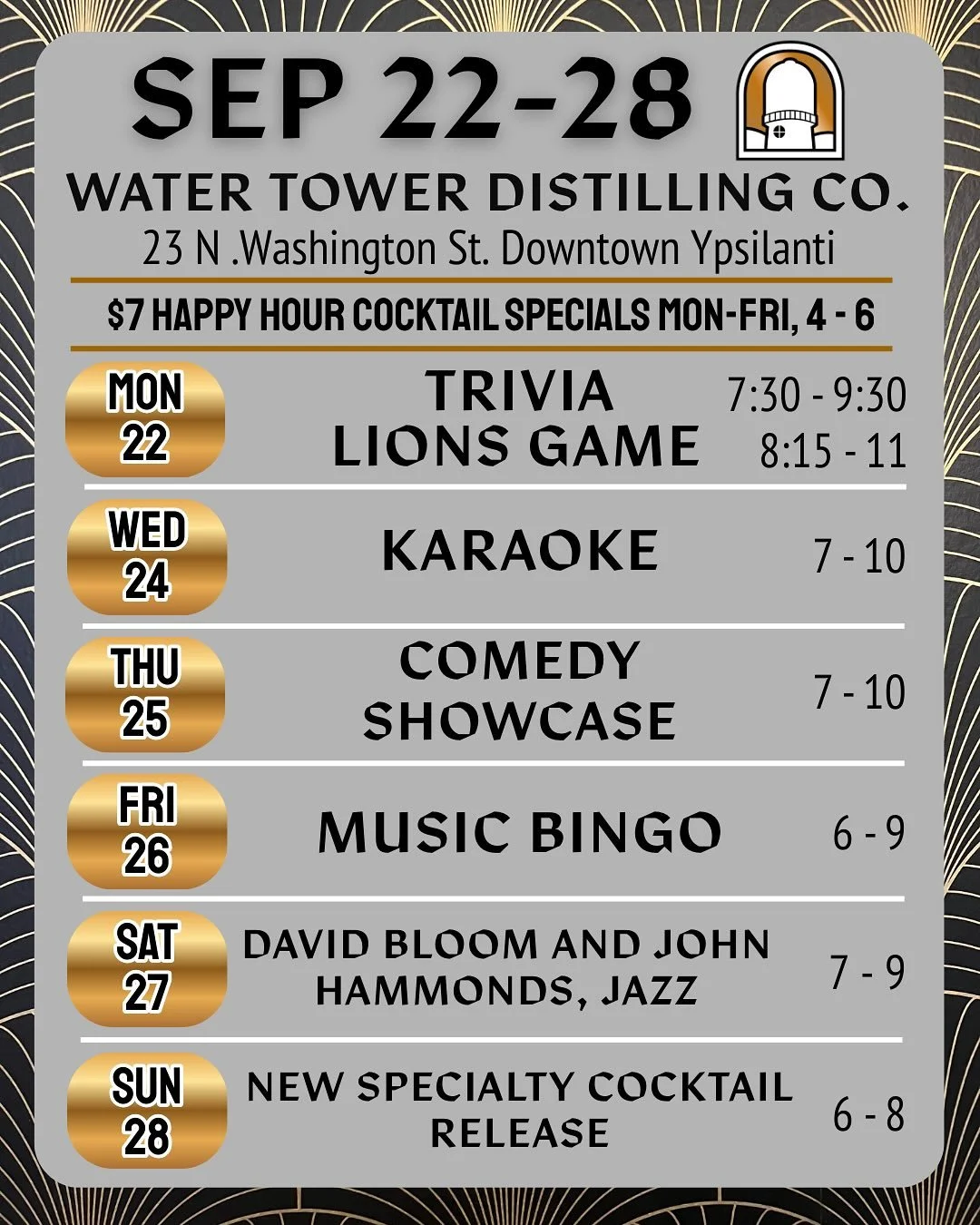 We have a PACKED week set for you to enjoy! Here&rsquo;s a peek of what&rsquo;s to come! We&rsquo;ll even be unveiling a new cocktail Sunday! 😎🥸🥃 See you soon!

23 N Washington St. Downtown Ypsilanti 

#weeklyevents #watertowerdistillingco #watert