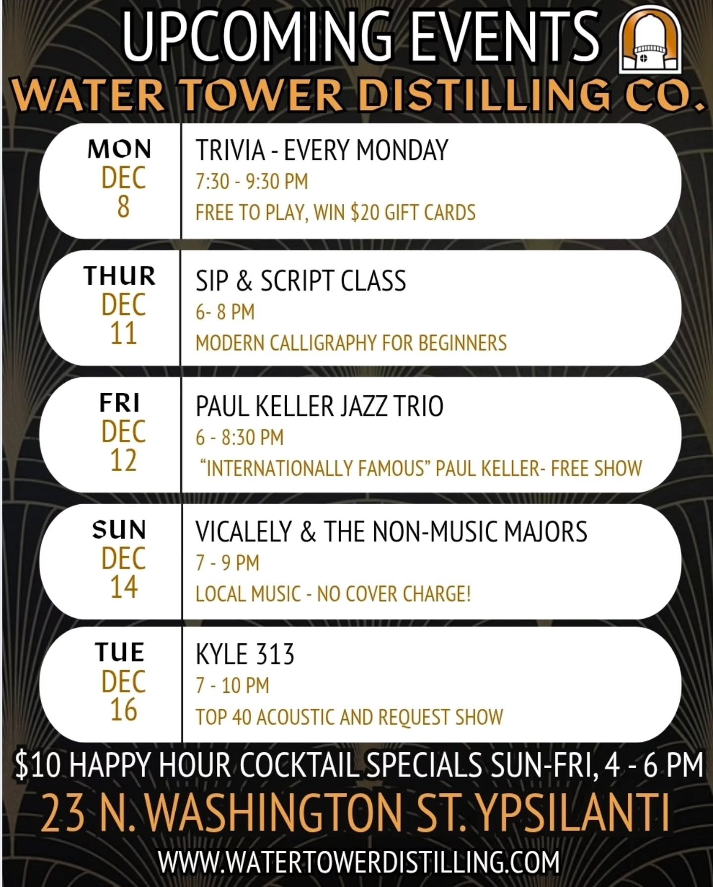 This week:
@scriptednest modern calligraphy class (sign up beforehand)
@paulkellerjazz 
Vicalely &amp; The Non-Musoc Majors
@djmetalafro (Kyle 313) with a special Tuesday appearance on Dec 16