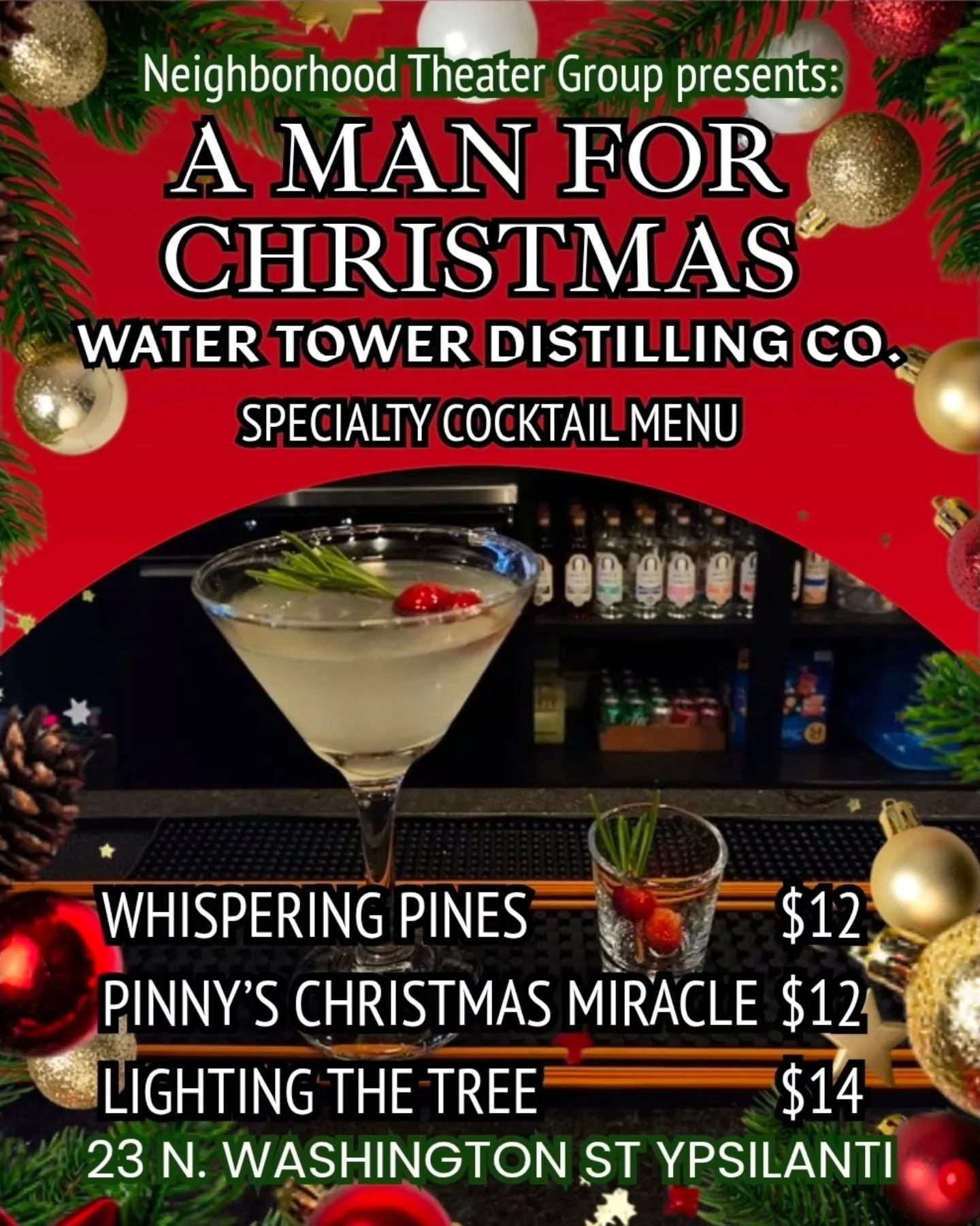 In collaboration with @neighborhoodtheatregroup we are excited to release our specialty cocktail menu for their 'A Man for Christmas' show.
Available Thurs Dec 4 - Sun Dec 14.
Whispering Pines $12
Pinny's Christmas Miracle $12
Lighting the Tree $14