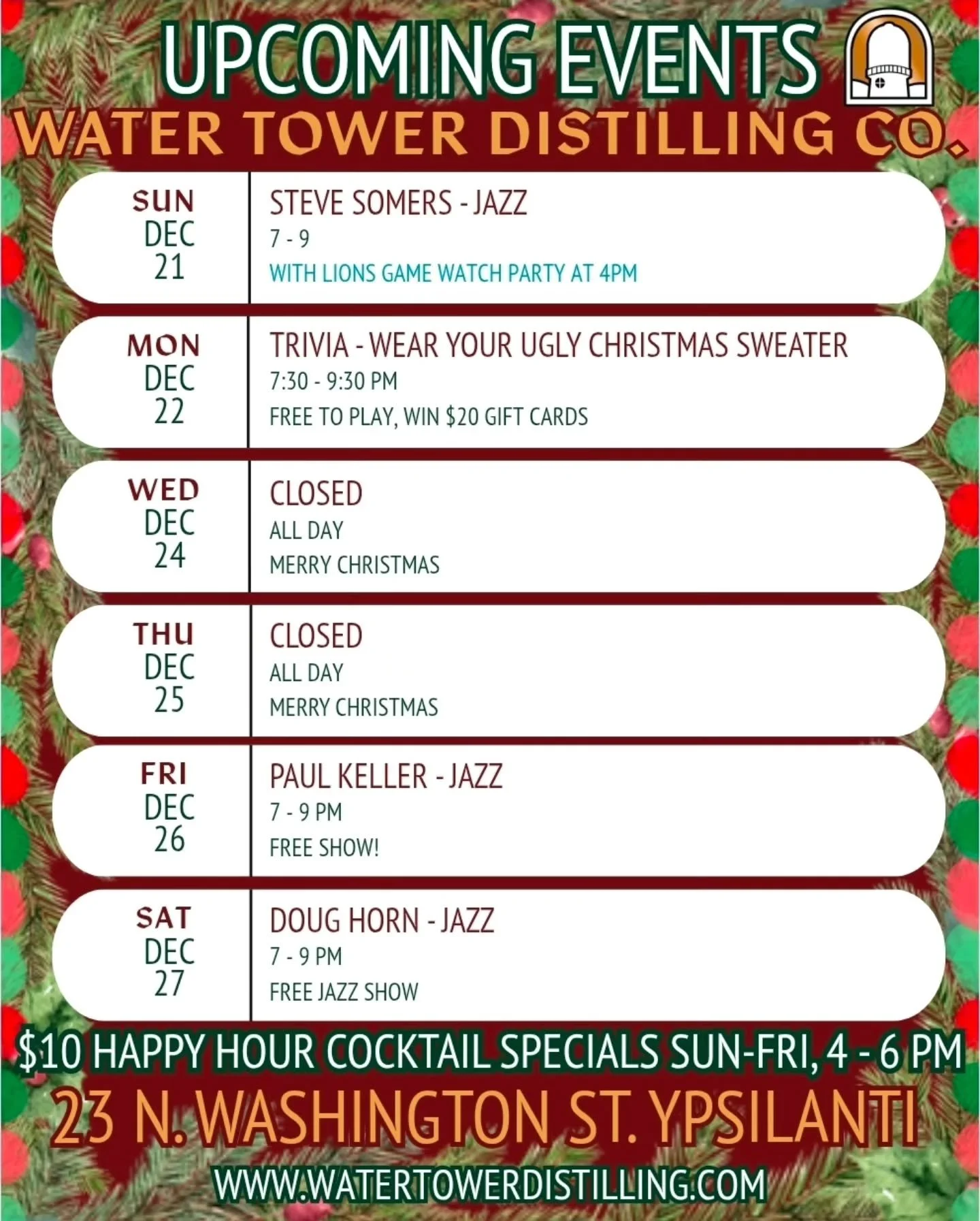 Only two shopping days left before Christmas at Water Tower Distilling Co.
Come grab a bottle for that Special Someone!