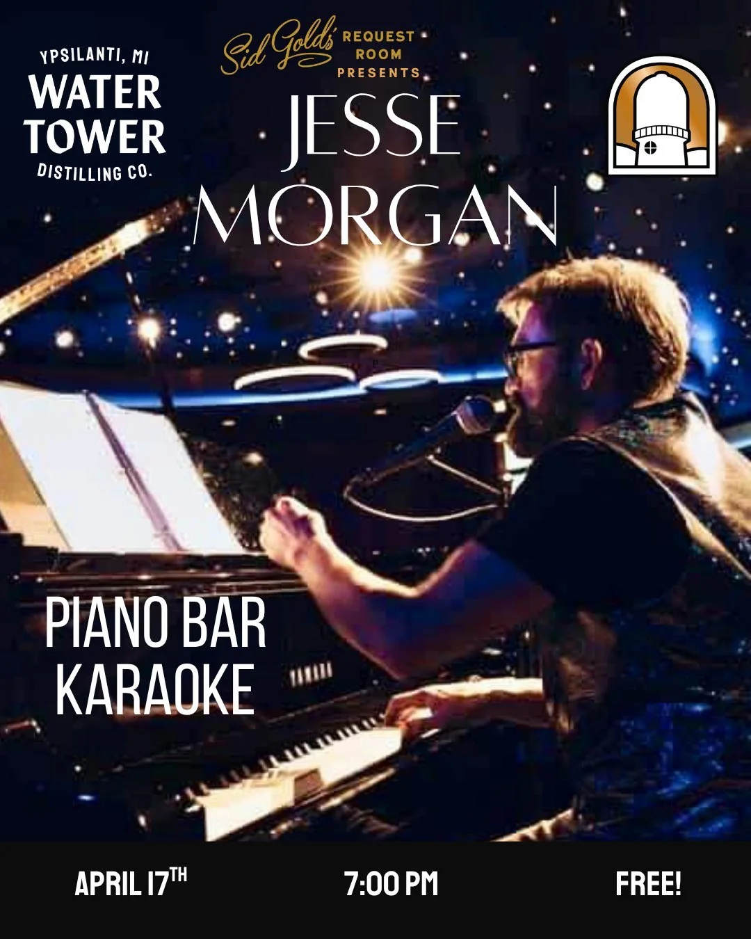 @sidgolds presents @jessetmorgan at Water Tower Distilling!!!

Rock, Pop, R&amp;B, Country, Broadway, Hip Hop, Folk, Blues--it's all fair game in piano karaoke! Jesse will be rockin' the keys at The Water Tower Distillery on April 17. Bring your frie