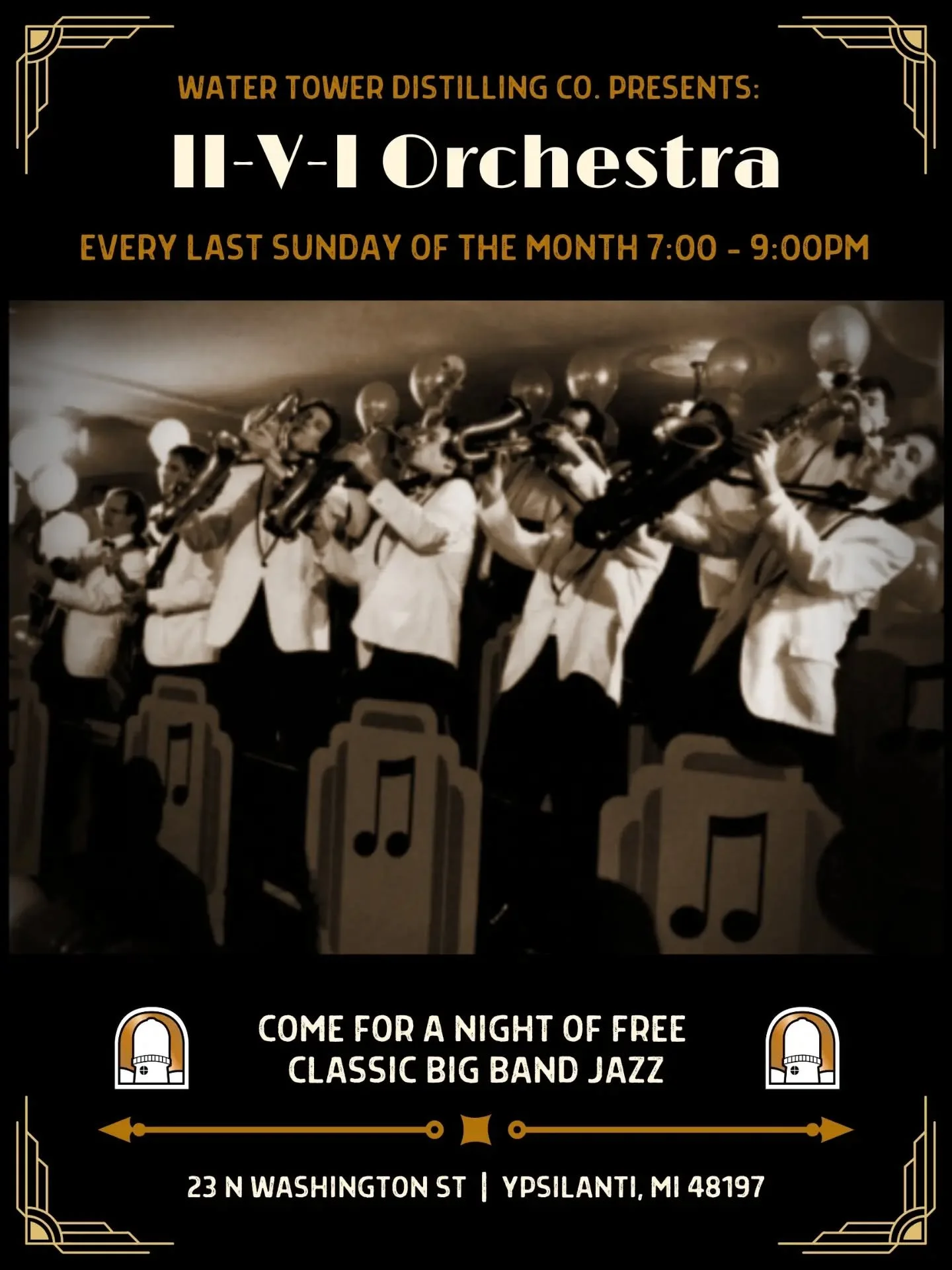 Water Tower Distilling is proud to present The II-V-I Orchestra every last Sunday of the Month!!!

The Orchestra last performed at this same address 49 years ago, when it was the erstwhile Spaghetti Bender.&nbsp; The year was 1979, when President Ger