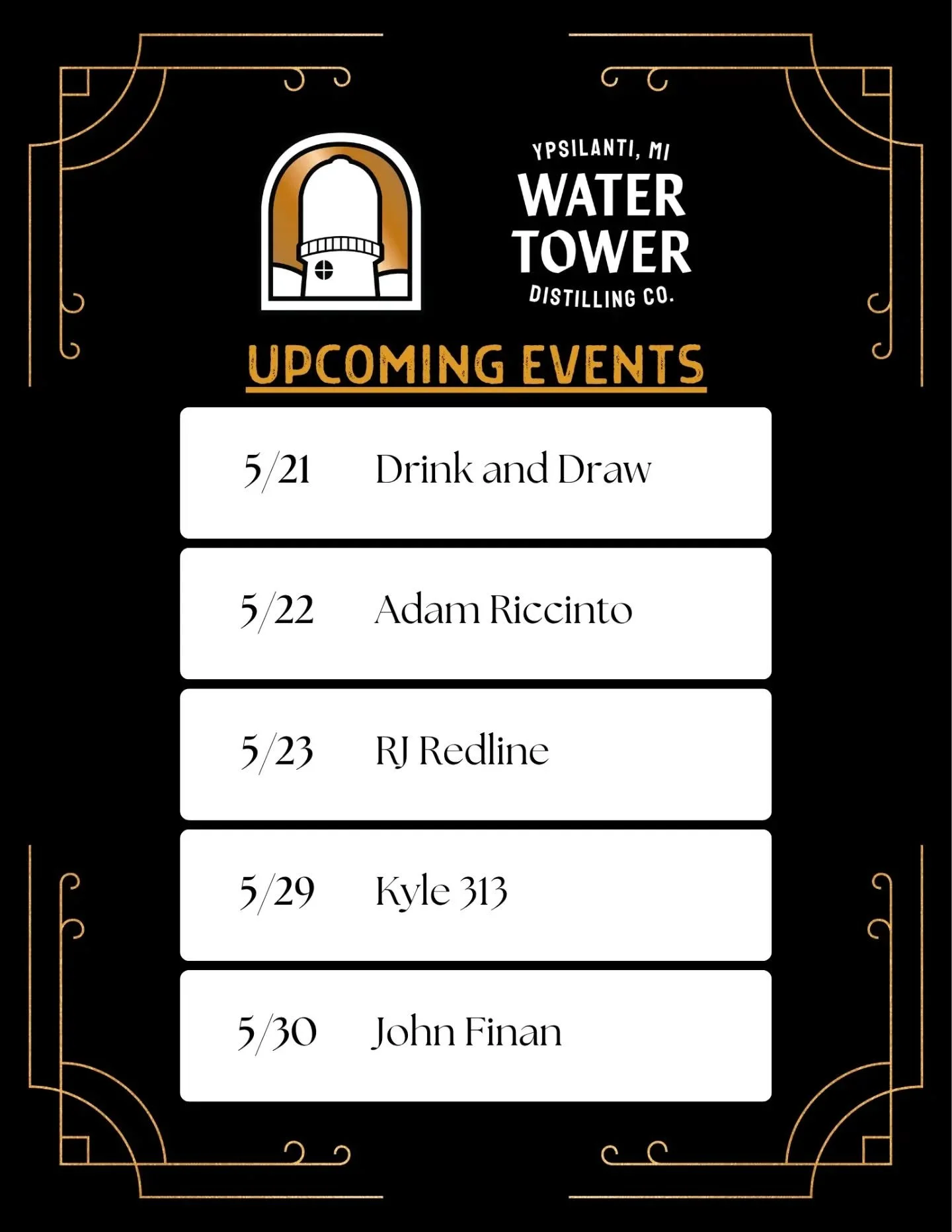 Upcoming Events:
5/21 @lazuliarts Drink and Draw
5/22 @adamcriccinto 
5/23 @rjredlinemusic 
5/29 Kyle 313 CANCELLED 
5/30 @jjfmi2 

Design by @haleys.comet.design