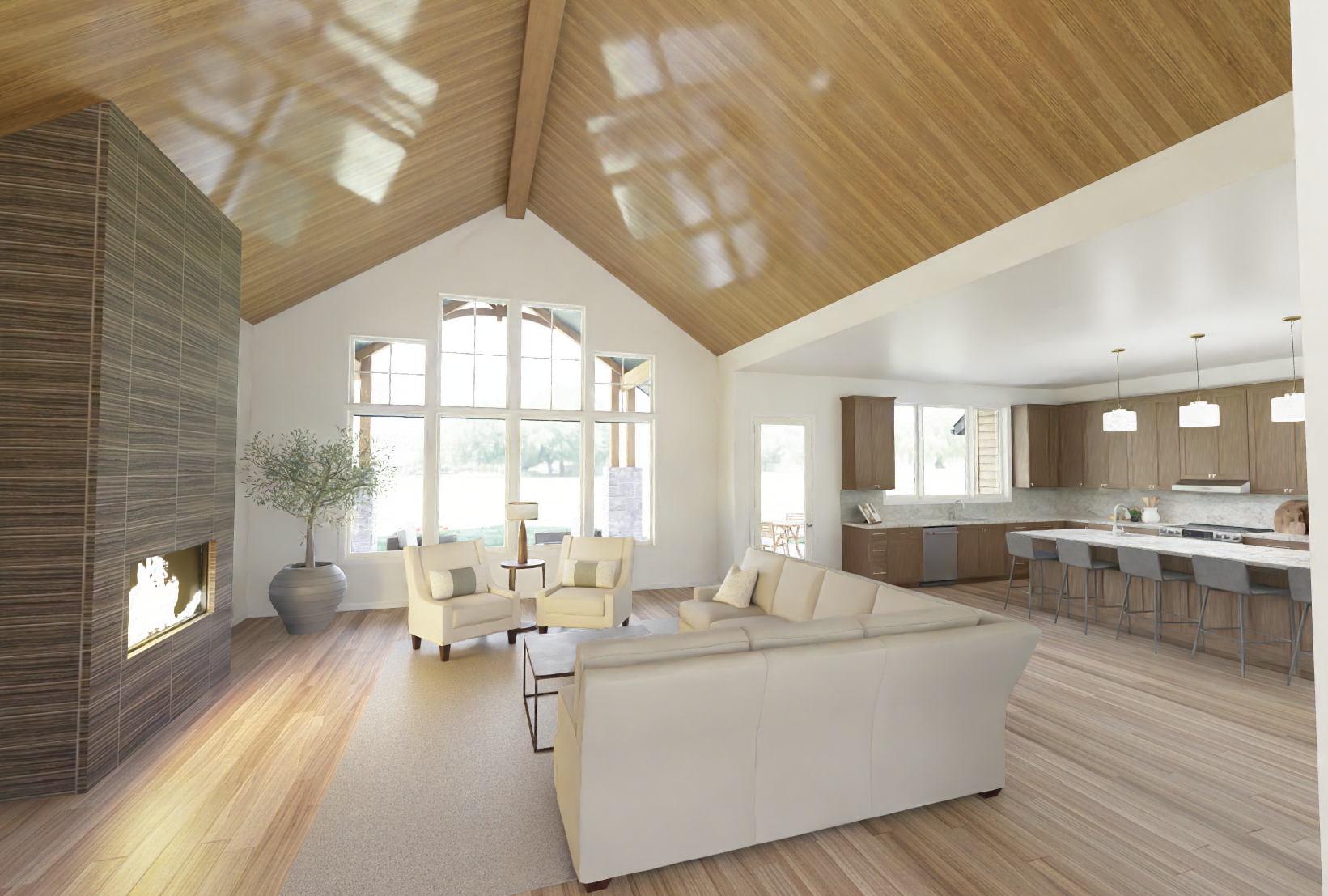 Open living room with a timber ceiling, fireplace, and kitchen beyond.
