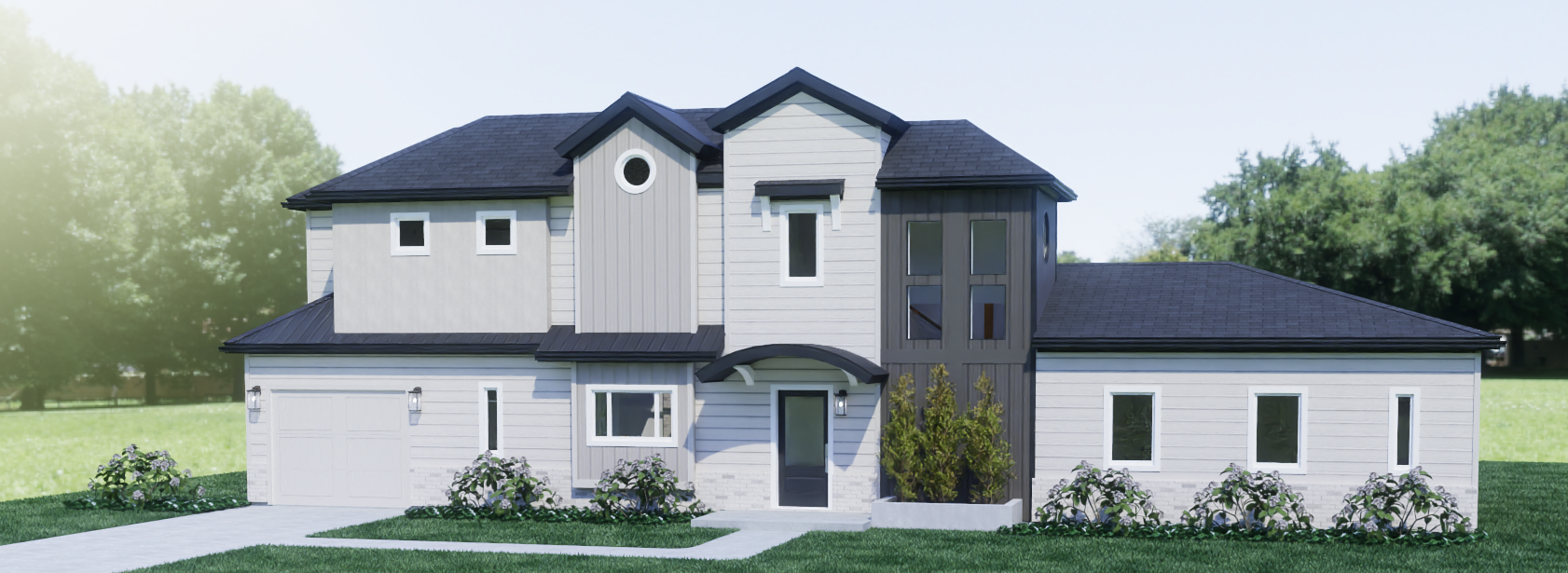 Exterior rendering of Two Story Transitional, view 1.