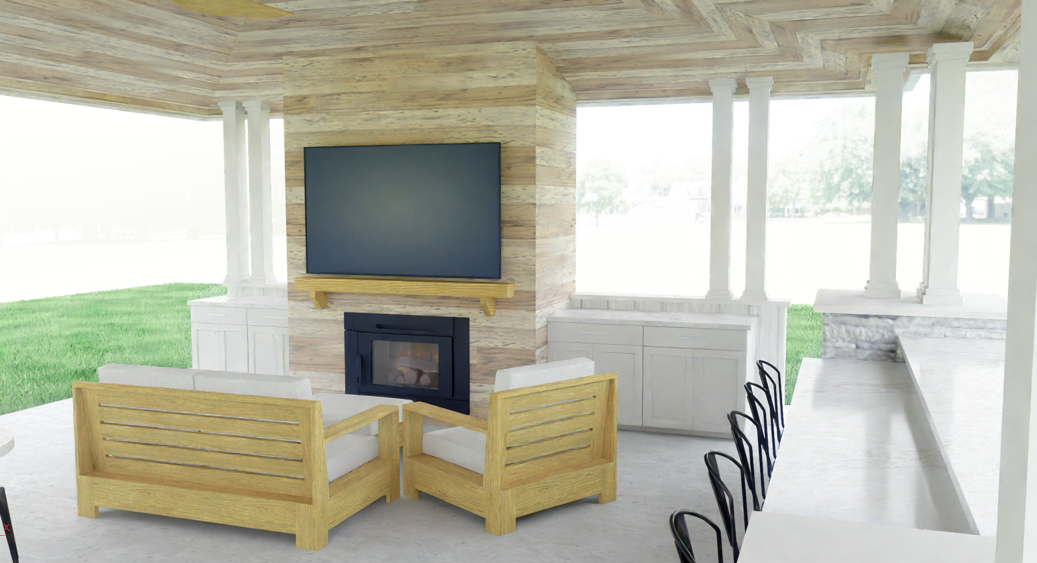 Interior view of the pavilion’s outdoor kitchen and bar.
