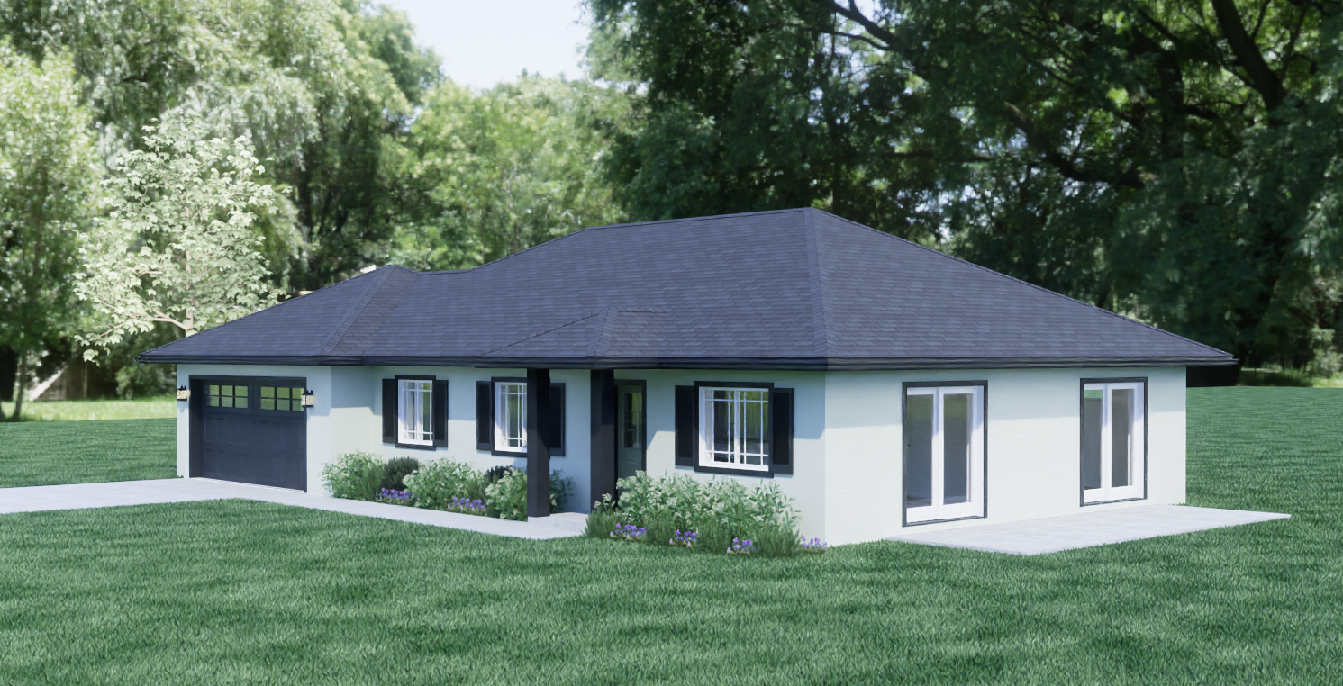 Classic Ranch exterior rendering with a low hipped roof and covered entry
