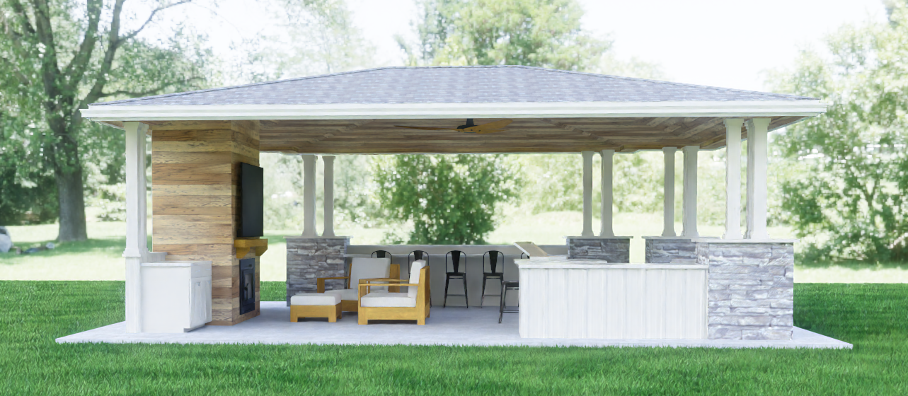 Front view of the covered outdoor living pavilion and seating area.