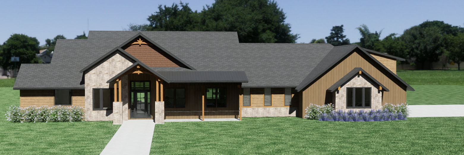 Front exterior of Stone and Timber Home with a covered entry porch.