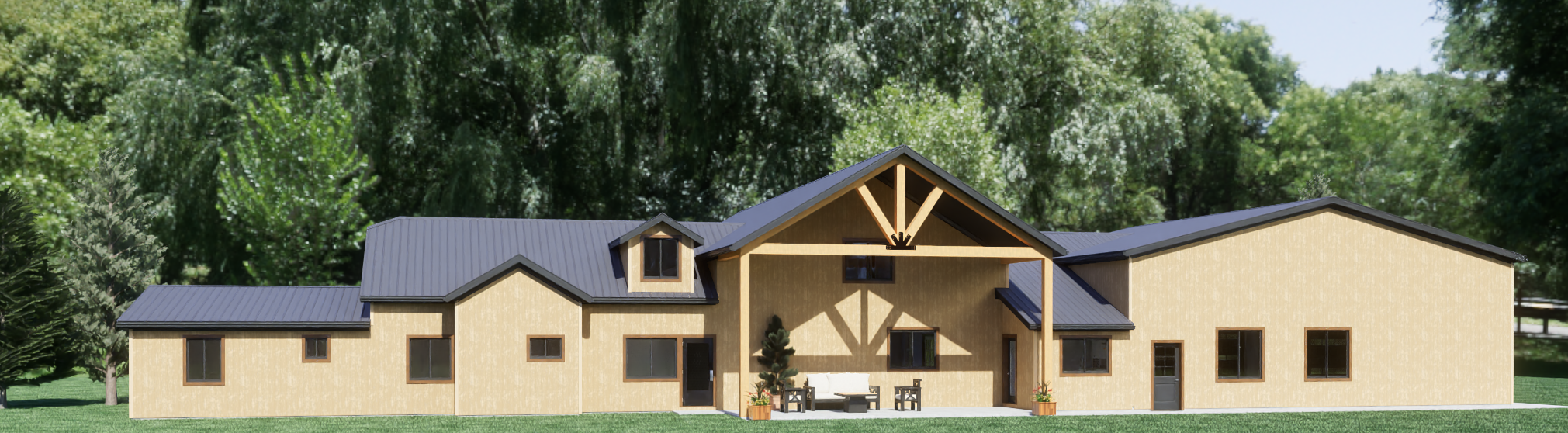 Timber Porch Lodge exterior rendering, view 3