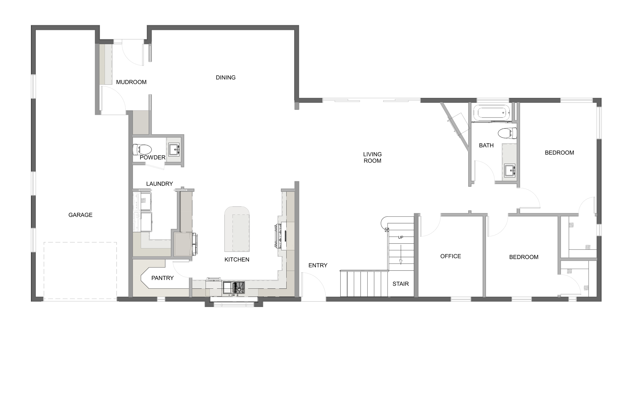 Main level floor plan for Two Story Transitional.