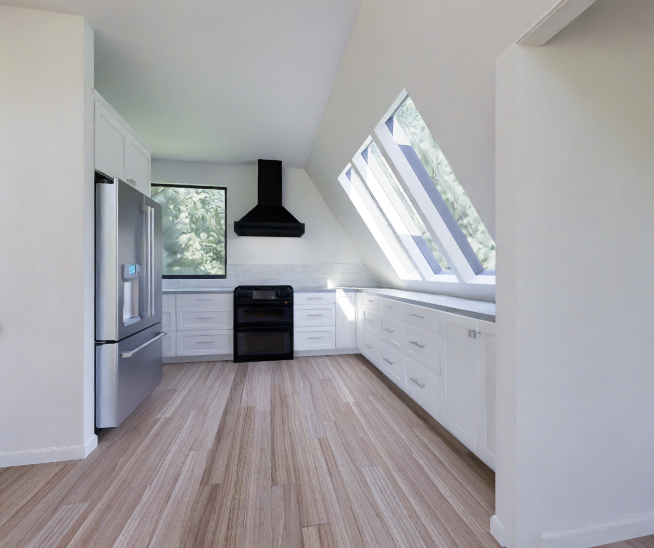 Modern A-Frame Cabin interior rendering, view 3