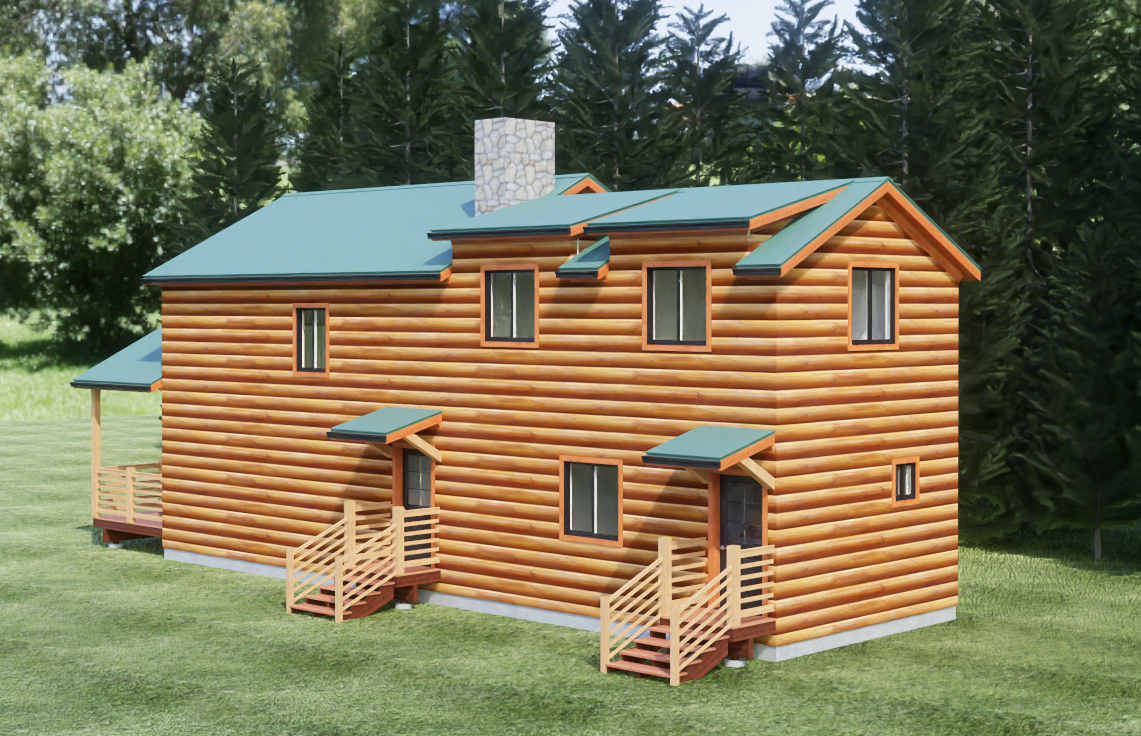 Alternate exterior view of the log cabin and timber porch.