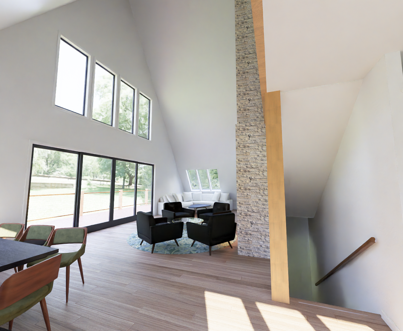 Modern A-Frame Cabin interior rendering, view 2