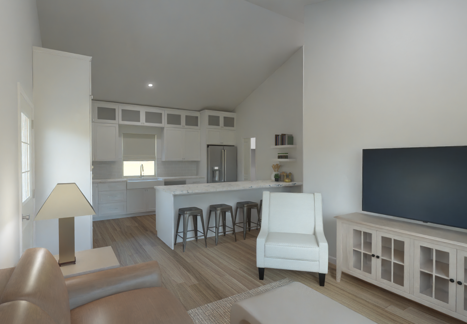Living room with a sectional sofa and an open kitchen beyond.