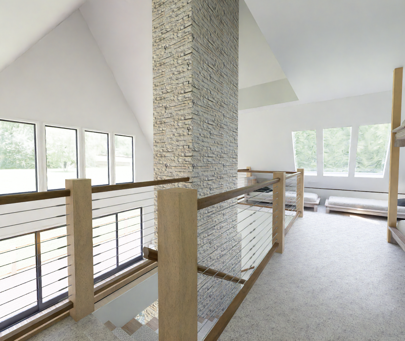 Modern A-Frame Cabin interior rendering, view 5