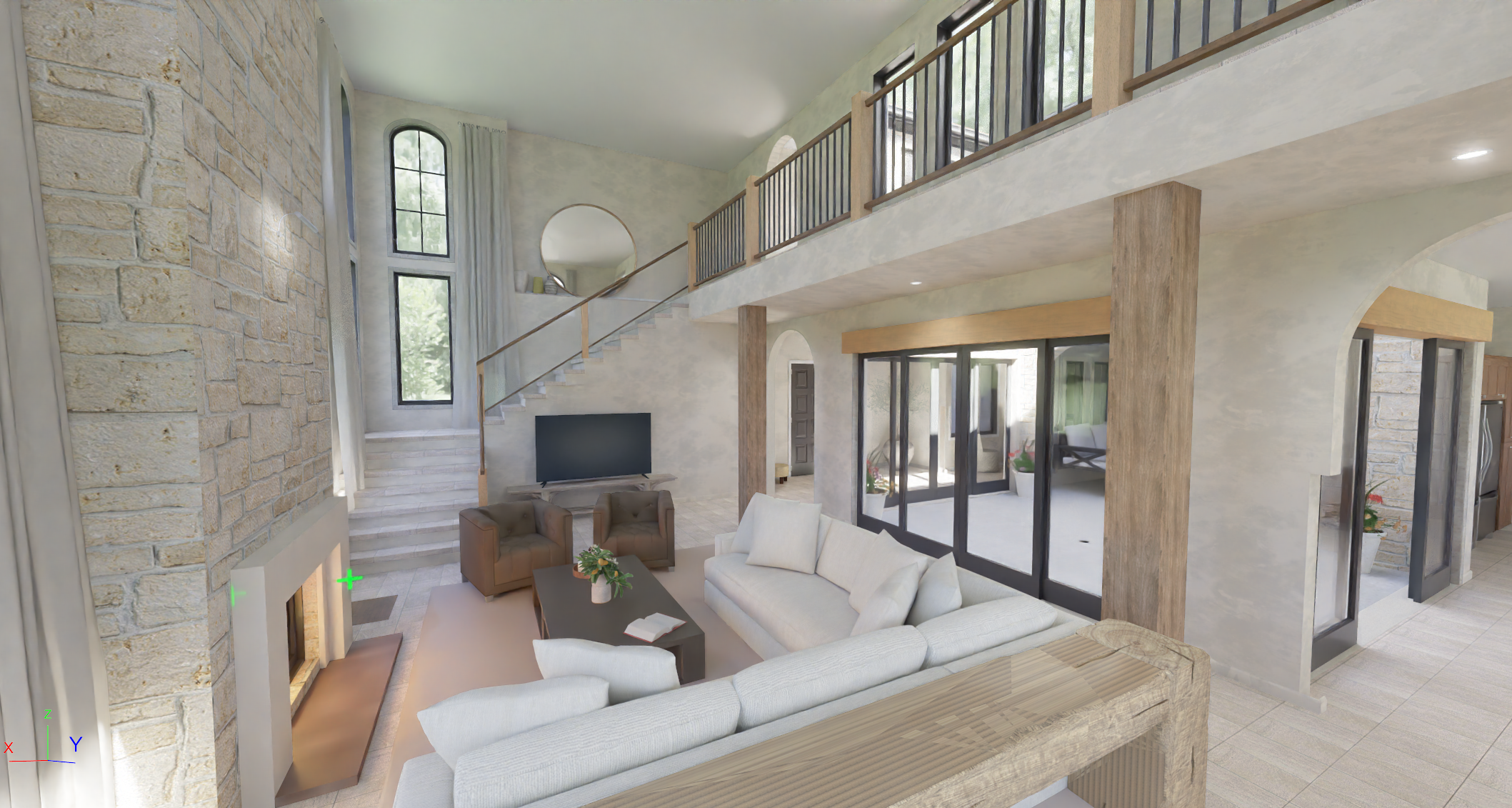 Double-height living room with stone fireplace and upper balcony.