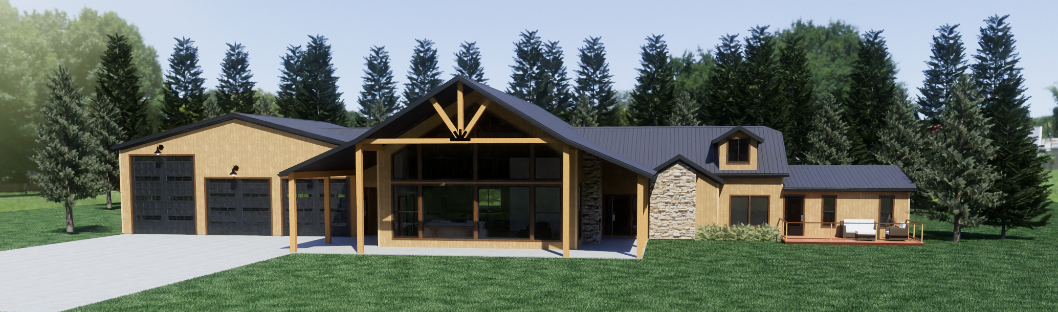 Timber Porch Lodge exterior rendering, view 1