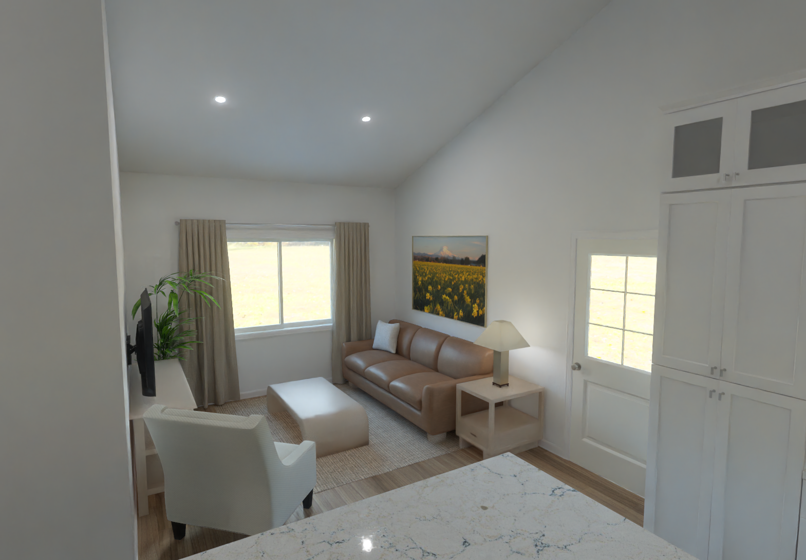 Interior view of the kitchen and adjoining living area.