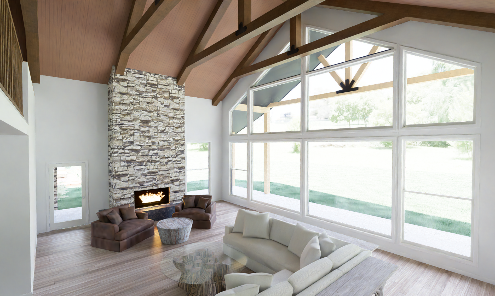 Timber Porch Lodge interior rendering, view 2