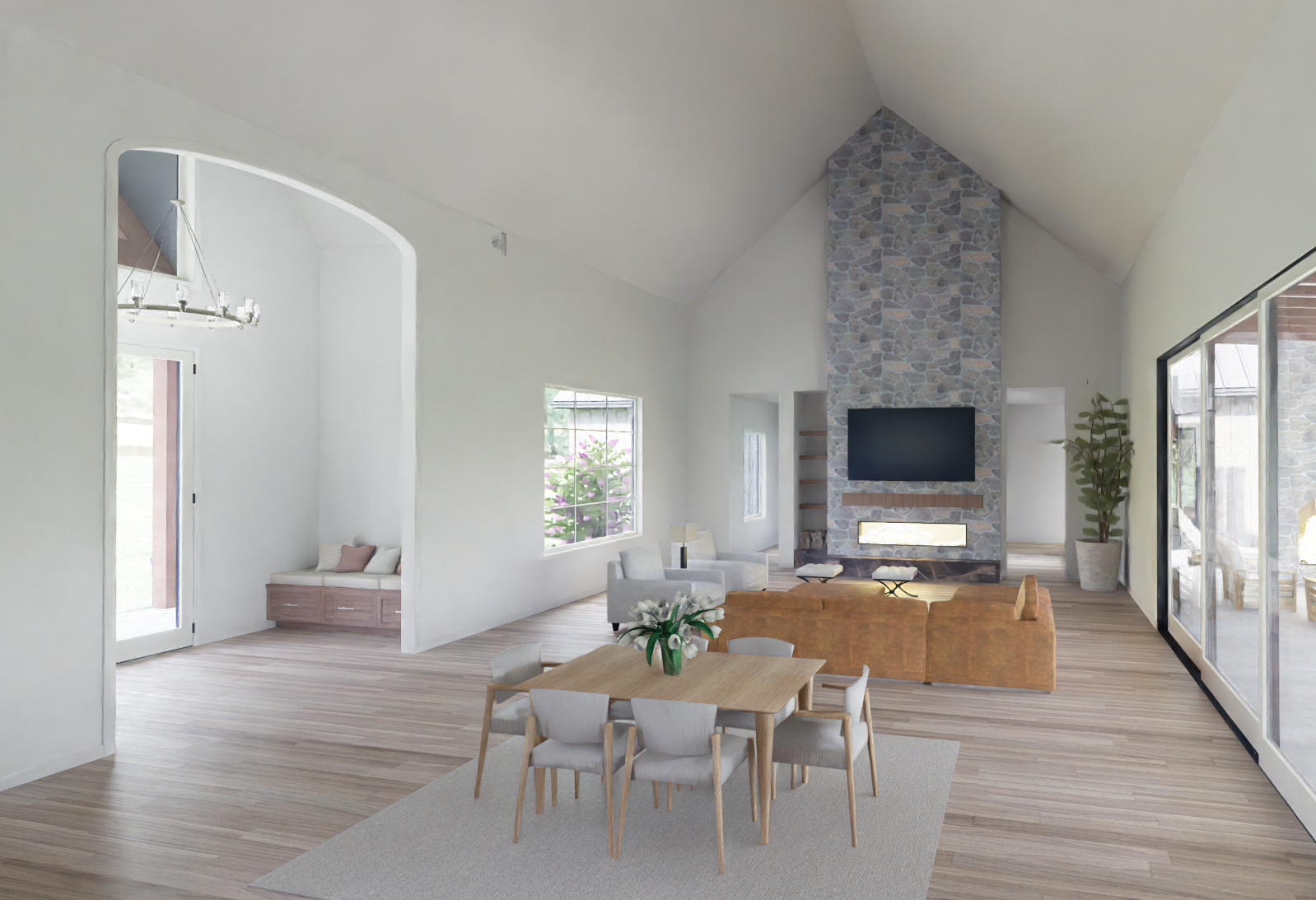 Timber Entry Ranch vaulted living and dining room with a tall stone fireplace