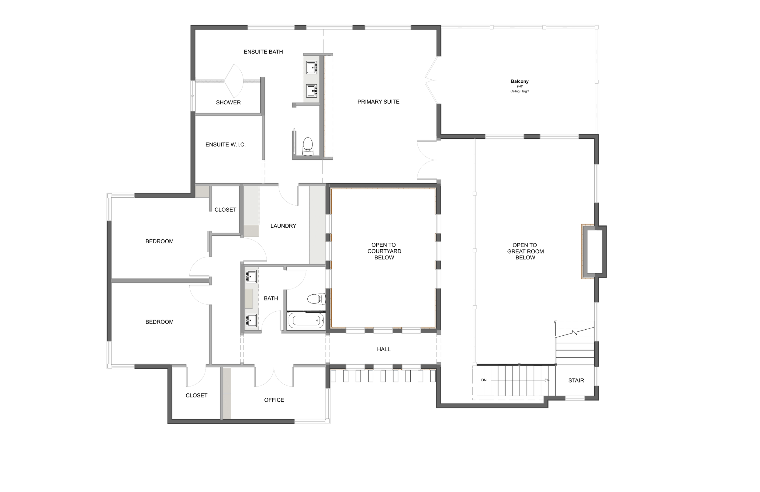 Modern Stucco Home upper level floor plan.