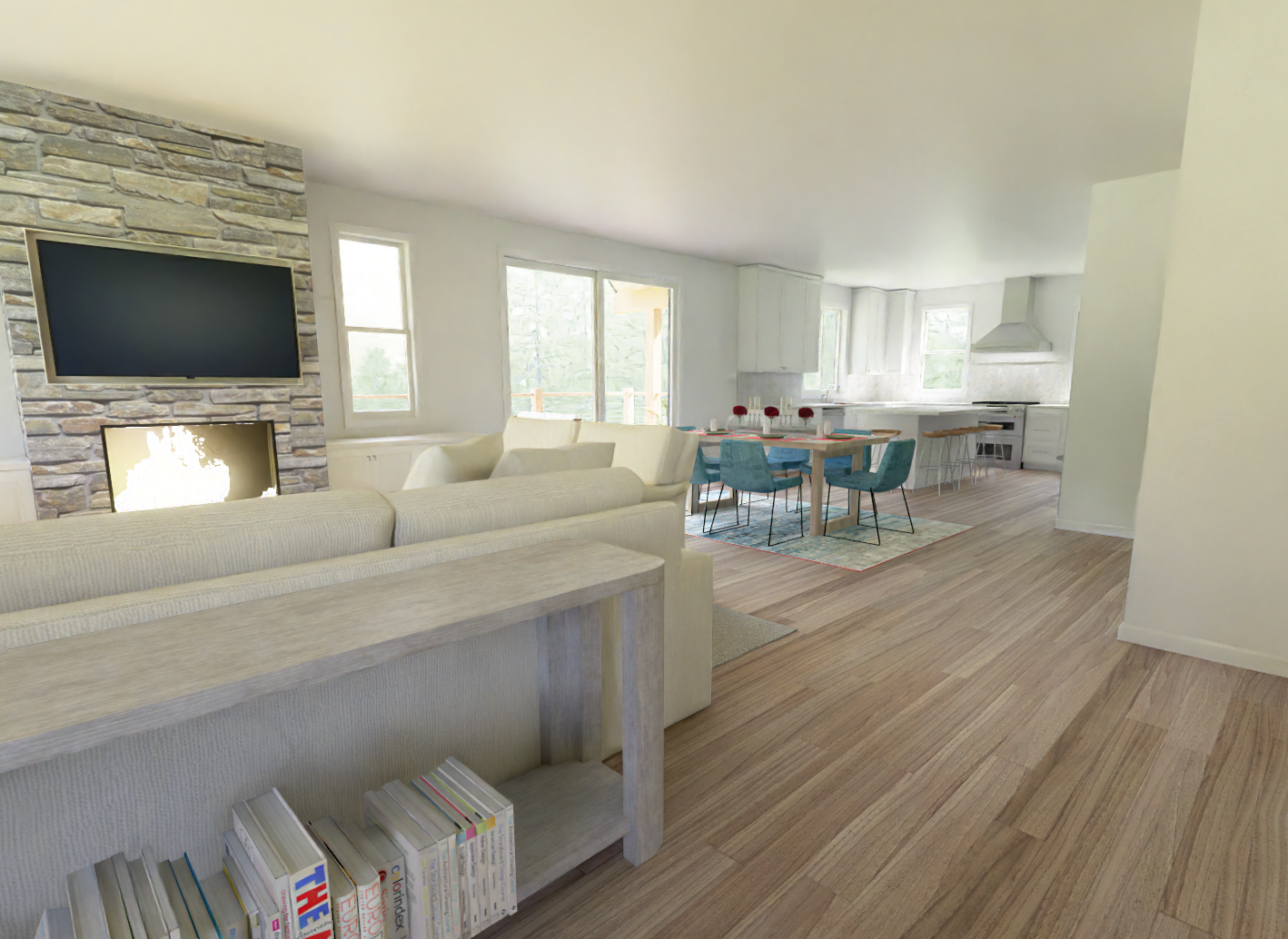 Gabled Porch Cabin interior rendering, view 2