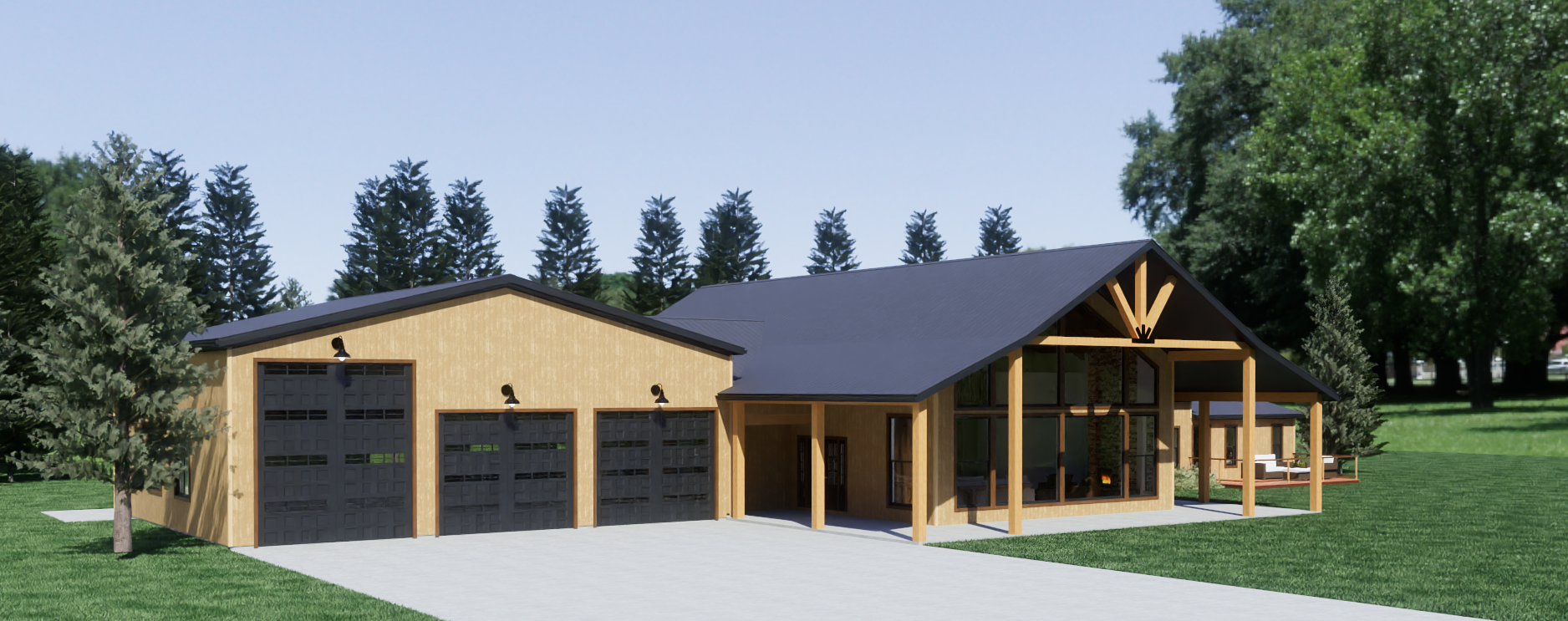 Timber Porch Lodge exterior rendering, view 4