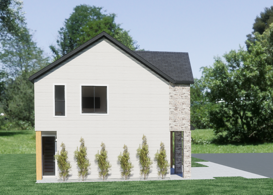 Exterior rendering of Brick Two Story — Concept 1, view 2.