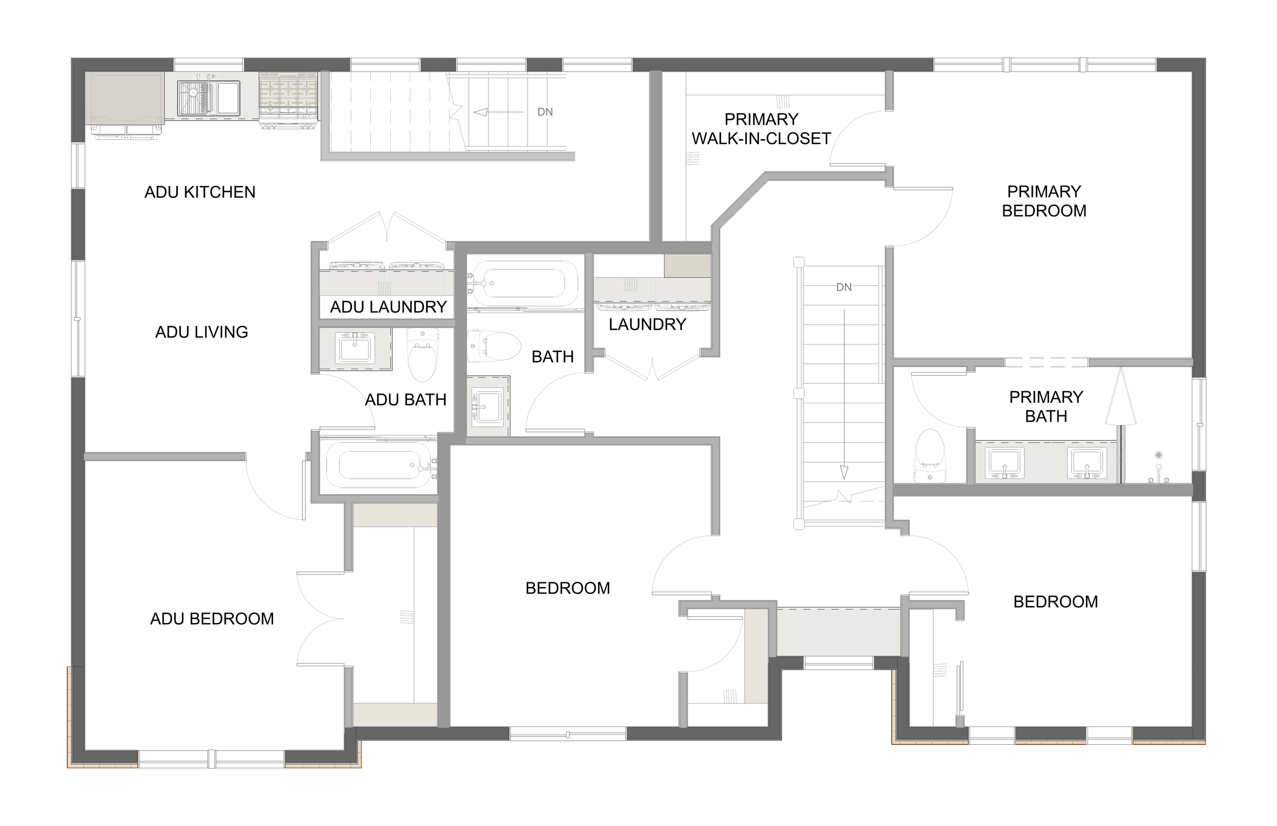 Upper level floor plan for Brick Two Story — Concept 1.