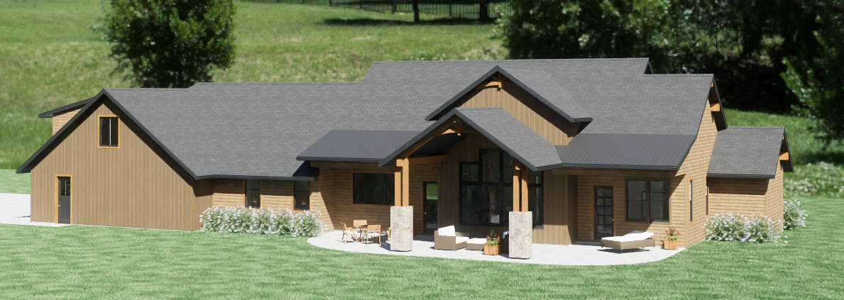 Rear exterior of Stone and Timber Home with a covered patio.