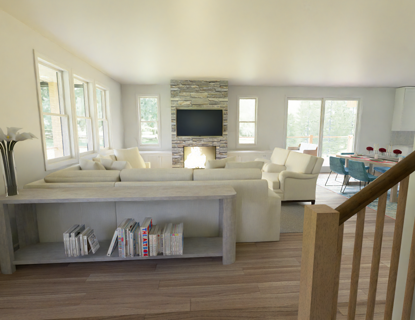 Gabled Porch Cabin interior rendering, view 1
