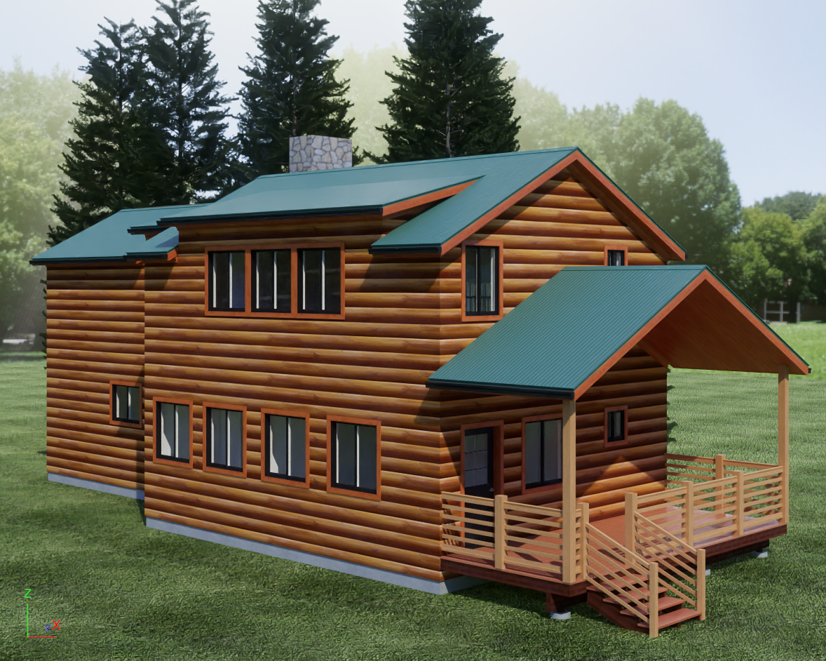 Side exterior of the two story log cabin.